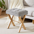 Royal Windsor Vanity Stool,Small Makeup Chair with Metal X Legs | Square Foot Stool,Modern Vanity Chair,Upholstered Vanity Seat for Entryway,Bedroom and Living Room,Light Grey+Yellow