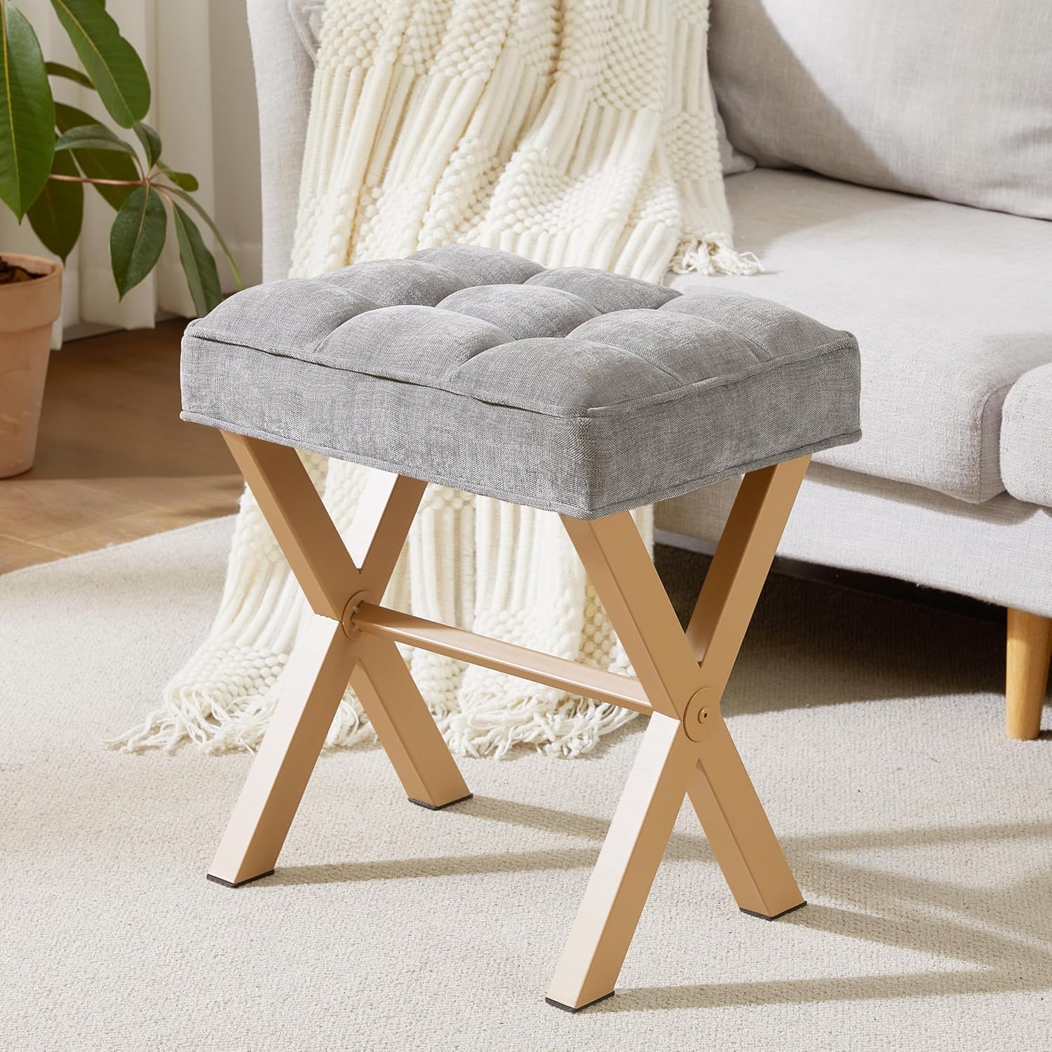 Royal Windsor Vanity Stool,Small Makeup Chair with Metal X Legs | Square Foot Stool,Modern Vanity Chair,Upholstered Vanity Seat for Entryway,Bedroom and Living Room,Light Grey+Yellow