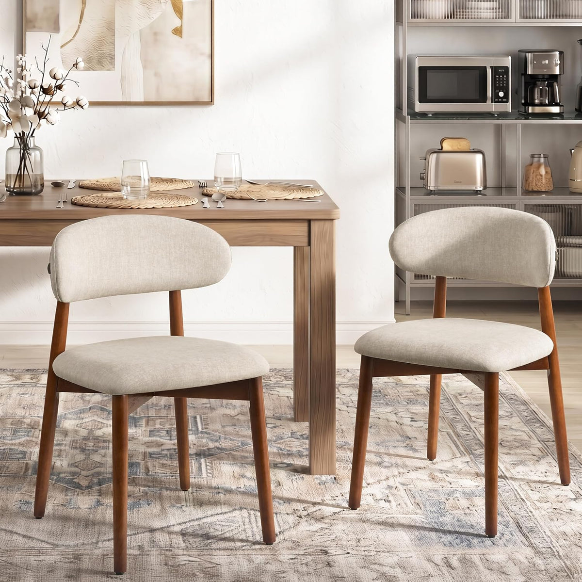 Farmhouse Dining Chairs Set of 4, Mid Century Modern Wooden Velvet Fabric Upholstered Kitchen Chairs with Curve Back, Dining Room Chairs for Living Room Restaurant Cafe with Brown Legs, Warm Gray