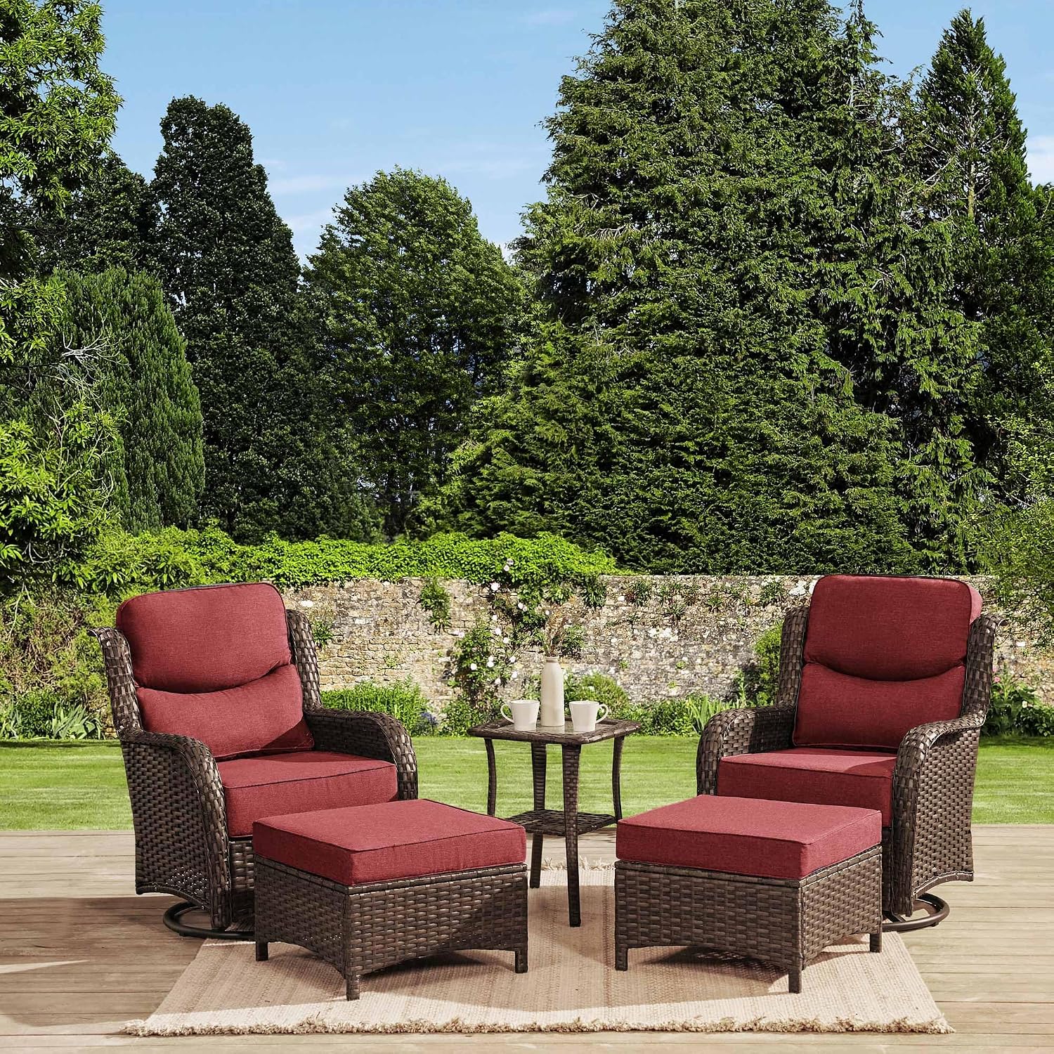 HILLGA Luxury 5 PCS Outdoor Swivel Rocker Patio Chairs of 2 with Side Table | 6 Inch Thick Cushions, All Weather Outdoor Chairs High Back Wicker Patio Furniture Set for Porch and Deck, Burgundy