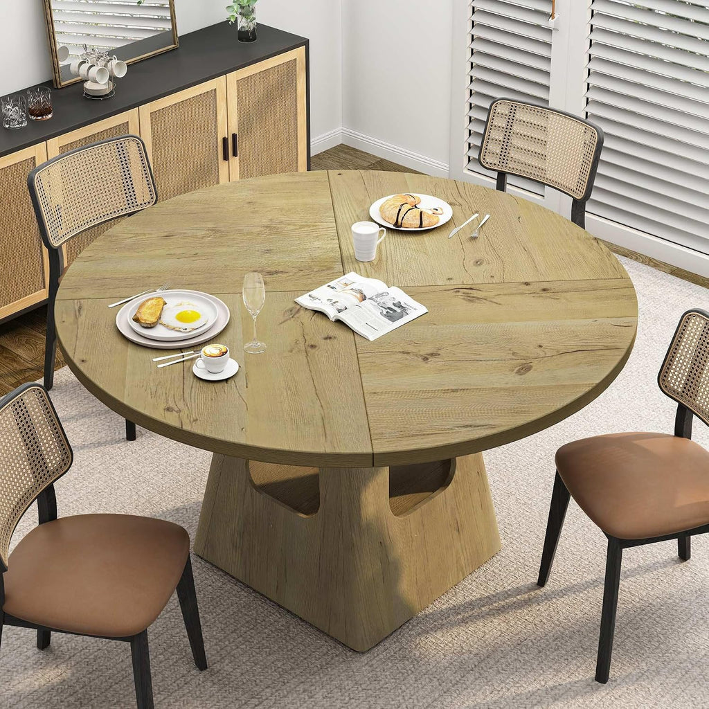 47.24 Inch Round Dining Table for 4-6 Kitchen Dining Table with Storage Shelf Wooden Pedestal Base Space Saving Design for Kitchen Dining Room Apartment Natural Farmhouse Style Only Table