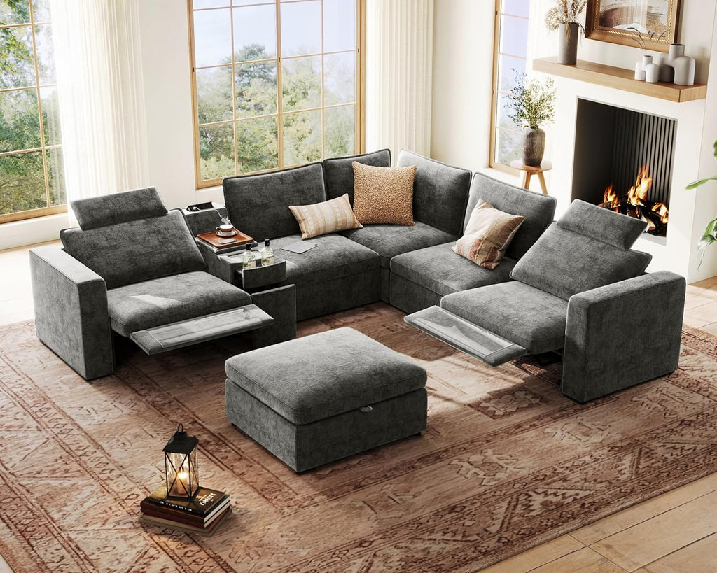 Oversized Modular Power Recliner Sofa Wall Hugger, Cloud Reclining Couch with Headrest, Storage Ottoman, Drawer Charging Cup Holder, Deep L-Shaped 6 Seater with Dual Electric Recliner, Chenille, Grey