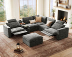Oversized Modular Power Recliner Sofa Wall Hugger, Cloud Reclining Couch with Headrest, Storage Ottoman, Drawer Charging Cup Holder, Deep L-Shaped 6 Seater with Dual Electric Recliner, Chenille, Grey