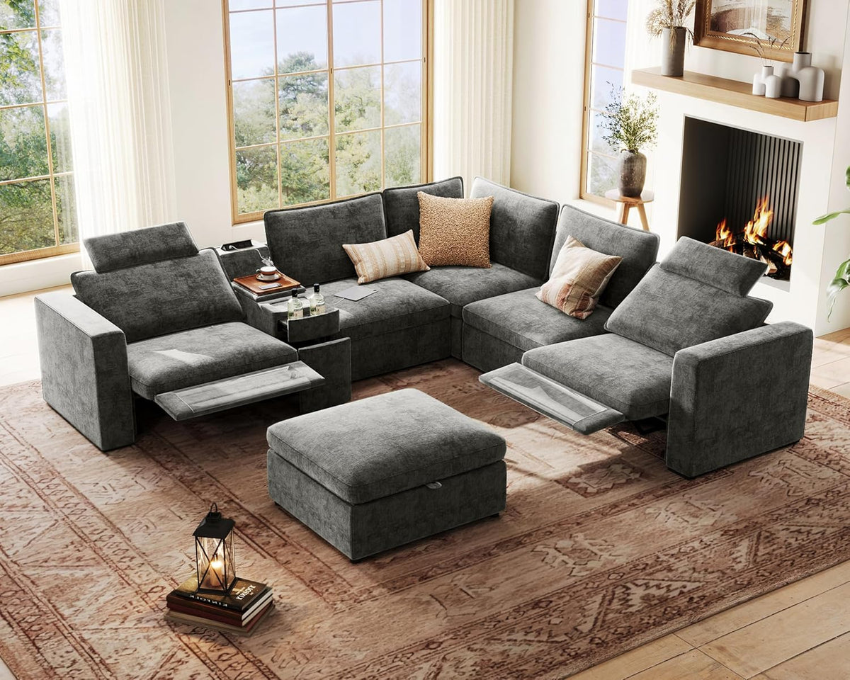 Oversized Modular Power Recliner Sofa Wall Hugger, Cloud Reclining Couch with Headrest, Storage Ottoman, Drawer Charging Cup Holder, Deep L-Shaped 6 Seater with Dual Electric Recliner, Chenille, Grey
