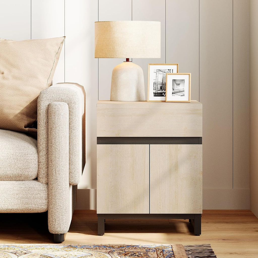 WAMPAT Modern End Table with 1 Drawer & 1 Storage Cabinet, Farmhouse Sofa Table, Wooden Rustic Side Sofa Table with Metal Leg for Living Room, Nighstand for Bedroom, Beige, 1 Psc