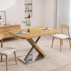 Expandable Natural Wood Dining Table for 4-6, Extendable 47-63 Inch Scratch-Resistant Rectangle Dining Table with MDF Table Top and Stainless Steels X-Shape Base for Living Room Kitchen