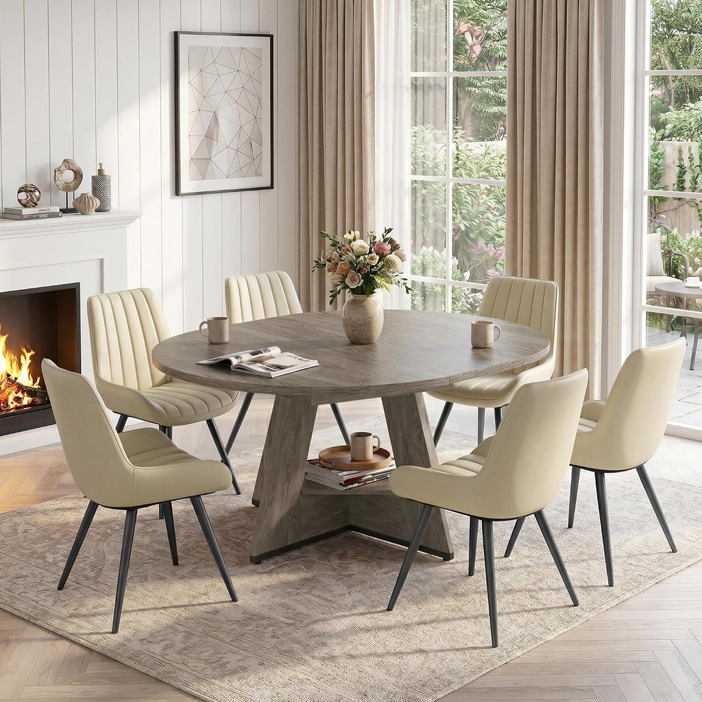 Miereirl Extendable Dining Table Set for 4-6, 47.24"-63" Round to Oval Dining Table Set with Upholstered Chairs, Hidden Storage Shelf, Kitchen & Dining Room Furniture for Apartment