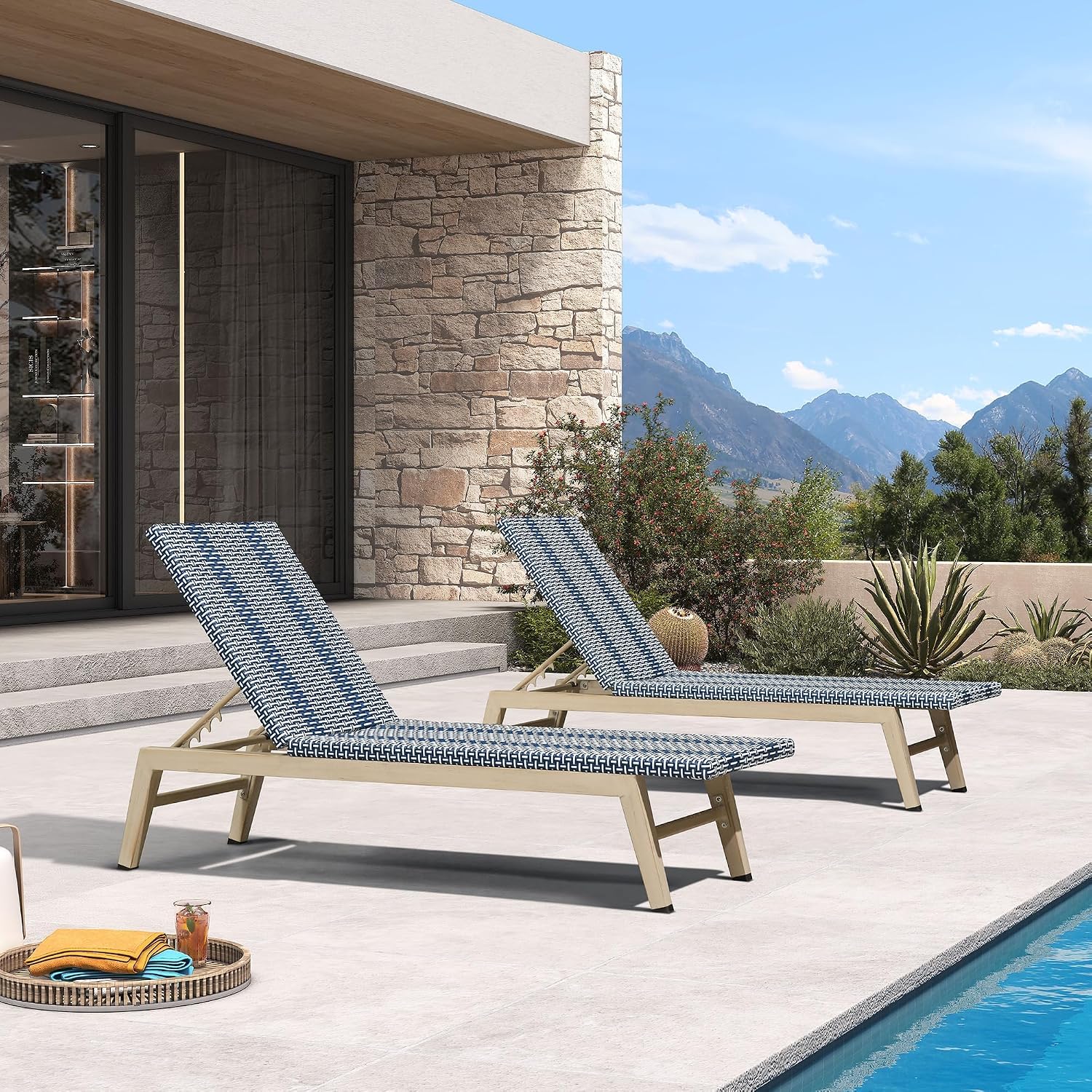 PURPLE LEAF Oversize Chaise Lounge Champagne Frame Set of 2, Dark Blue | 3-Year Color Retention PE Rattan, 2.4" Thickened Aluminum Frame, 16.14" Knee-Friendly Height, French-Inspired Style