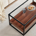 Shrine Glass Coffee Table, Black Walnut Coffee Table for Living Room, Glass and Wood Coffee Table, 39.2" D x 19.5" W x 15.7" H, Clear Glass Top, Walnut Wood Panels&Black Metal Frame