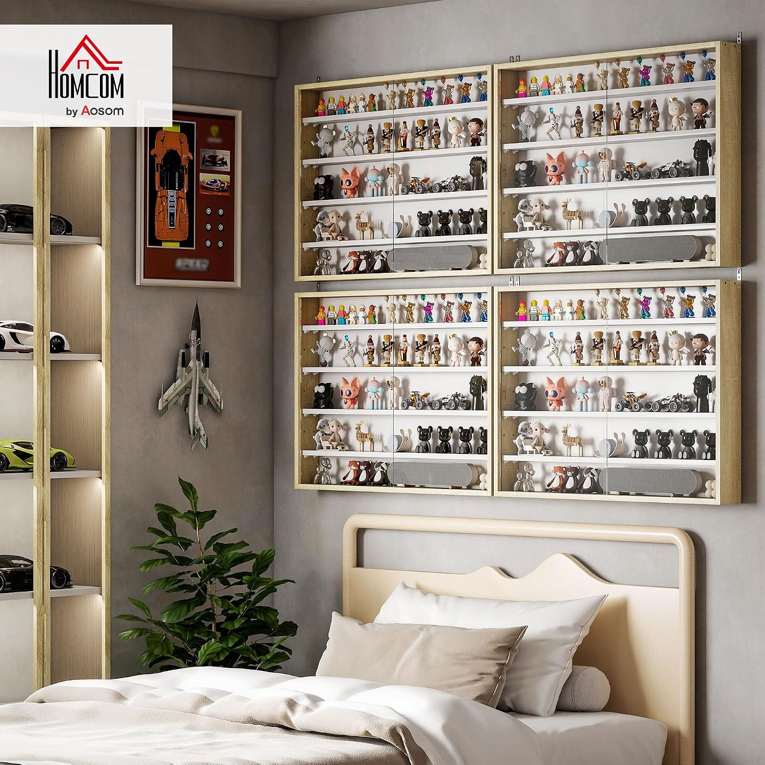 HOMCOM 5-Tier Wall Mounted Display Cabinet Glass Doors 60x80cm White/Oak | Display Case, 4 Adjustable Shelves, for Home Office Ornaments