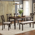 AMERLIFE 6-Piece Farmhouse Dining Table Set for 6-7, 60" Solid Wood Kitchen Table and Chairs, 1 Dining Table, 4 Upholstered Chairs and 1 Bench, Rustic Dining Room Set, Brown