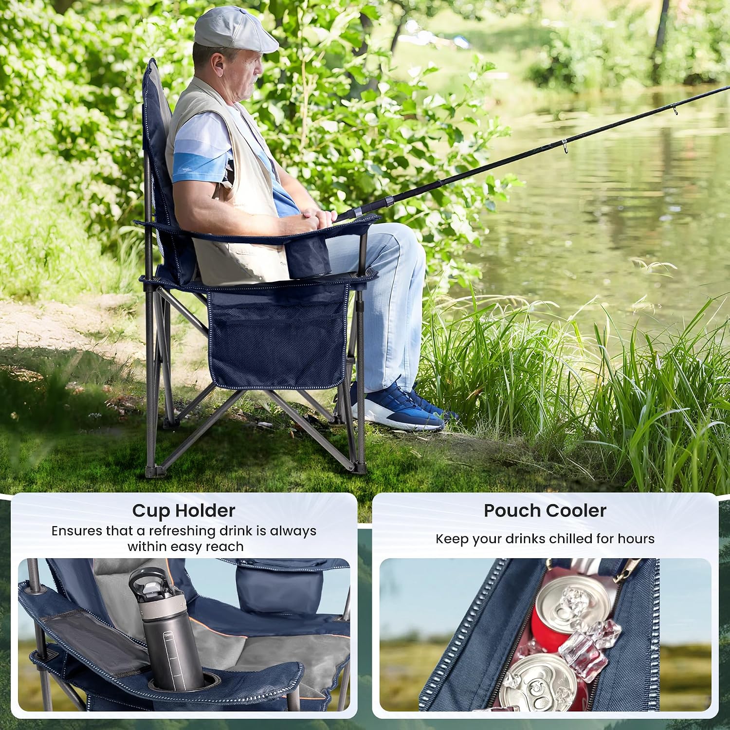 Oversized Camping Chair Heavy Duty- Portable Folding Chair, Cup Holder & Waterproof Phone Case for Adults, Beach, Hiking, Backyard (Blue & Gray, 2 PCS)