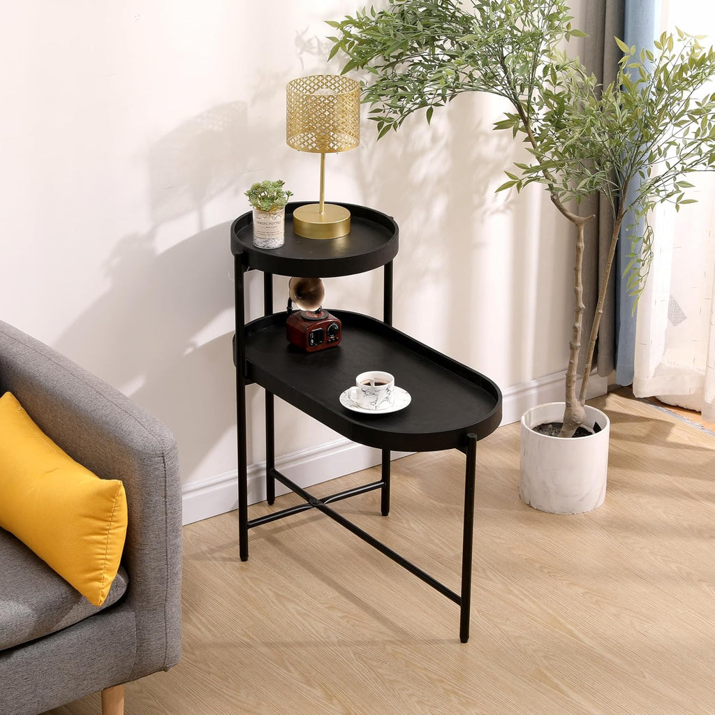 2 Tier Side Table with Storage Shelve Small Sofa Table Modern Metal End Table Coffee Table with Wooden Tray Top, Black