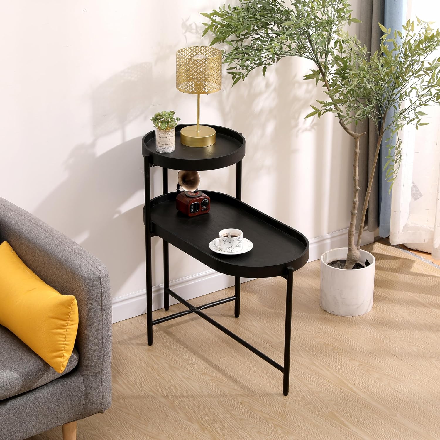 2 Tier Side Table with Storage Shelve Small Sofa Table Modern Metal End Table Coffee Table with Wooden Tray Top, Black
