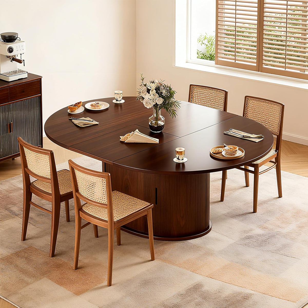 Extendable Round Dining Table for 2-4-6, 63 Inch Dining Room Kitchen Table with 2-Tier Storage Shelf, Modern Farmhouse Fluted Wood Slide Door Dinner Furniture,Oval Circle(Walnut-63 Inch)