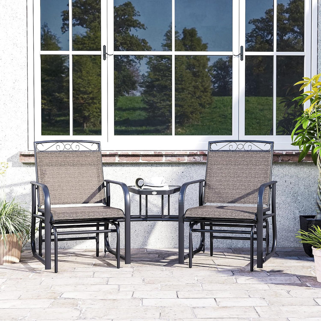 Outsunny Outdoor Glider Chairs with Coffee Table Patio 2-Seat Brown | Rocking Chair Swing, Breathable Sling, Backyard, Garden, Porch