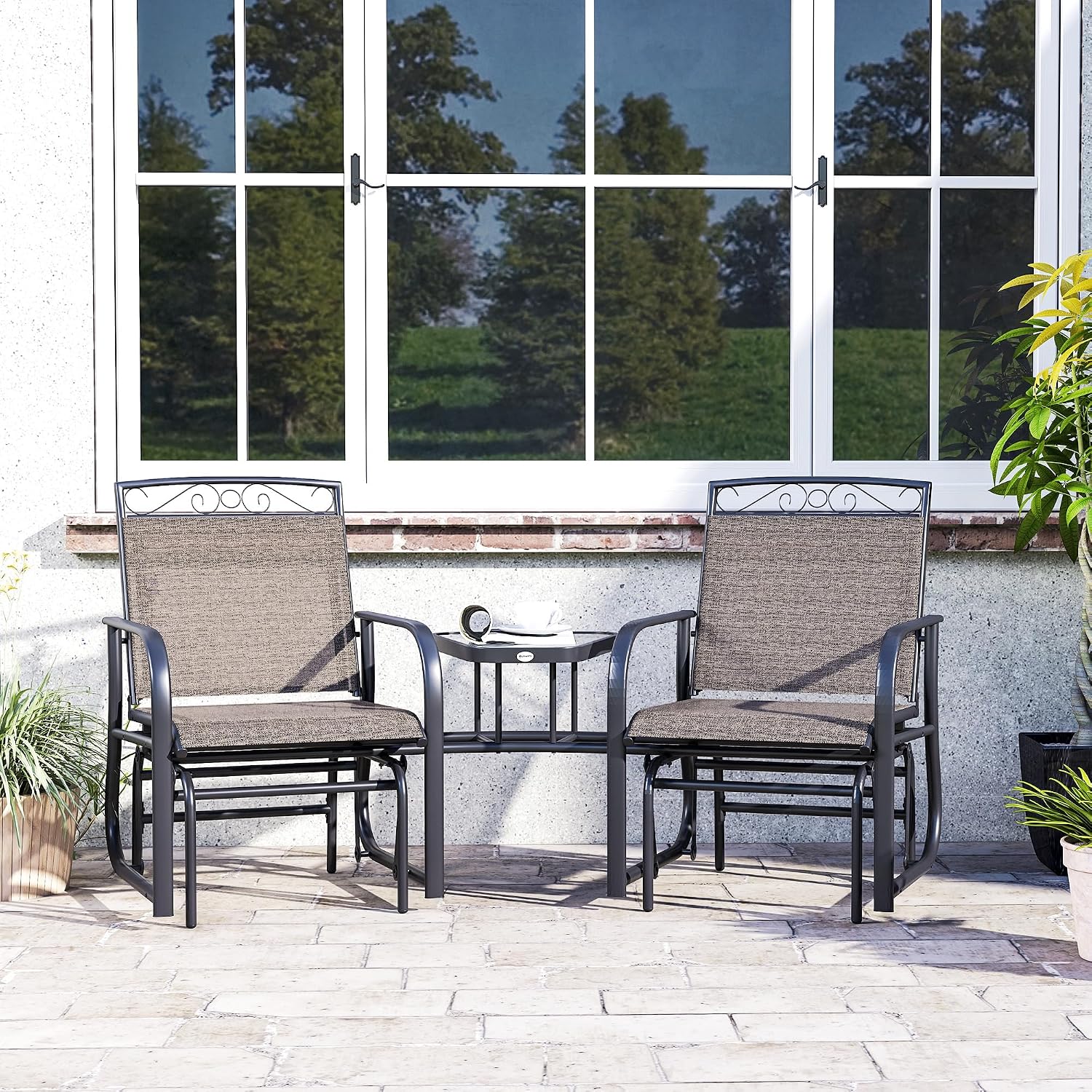 Outsunny Outdoor Glider Chairs with Coffee Table Patio 2-Seat Brown | Rocking Chair Swing, Breathable Sling, Backyard, Garden, Porch