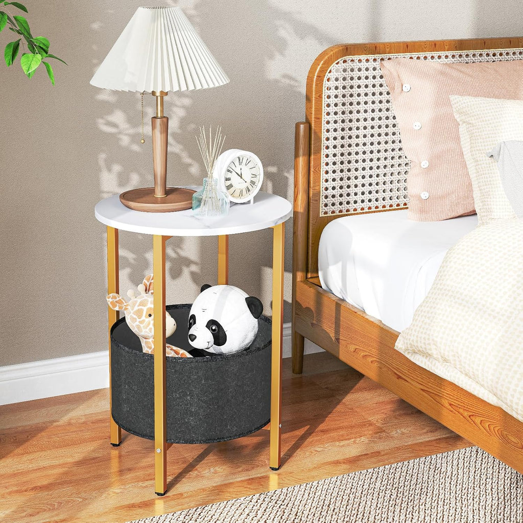 Giantex Round End Table, Small Side Table with Removable Fabric Basket, Modern Bedside Table with Metal Frame, Sofa Couch Accent Table for Small Space Living Room, Nightstand for Bedroom, White