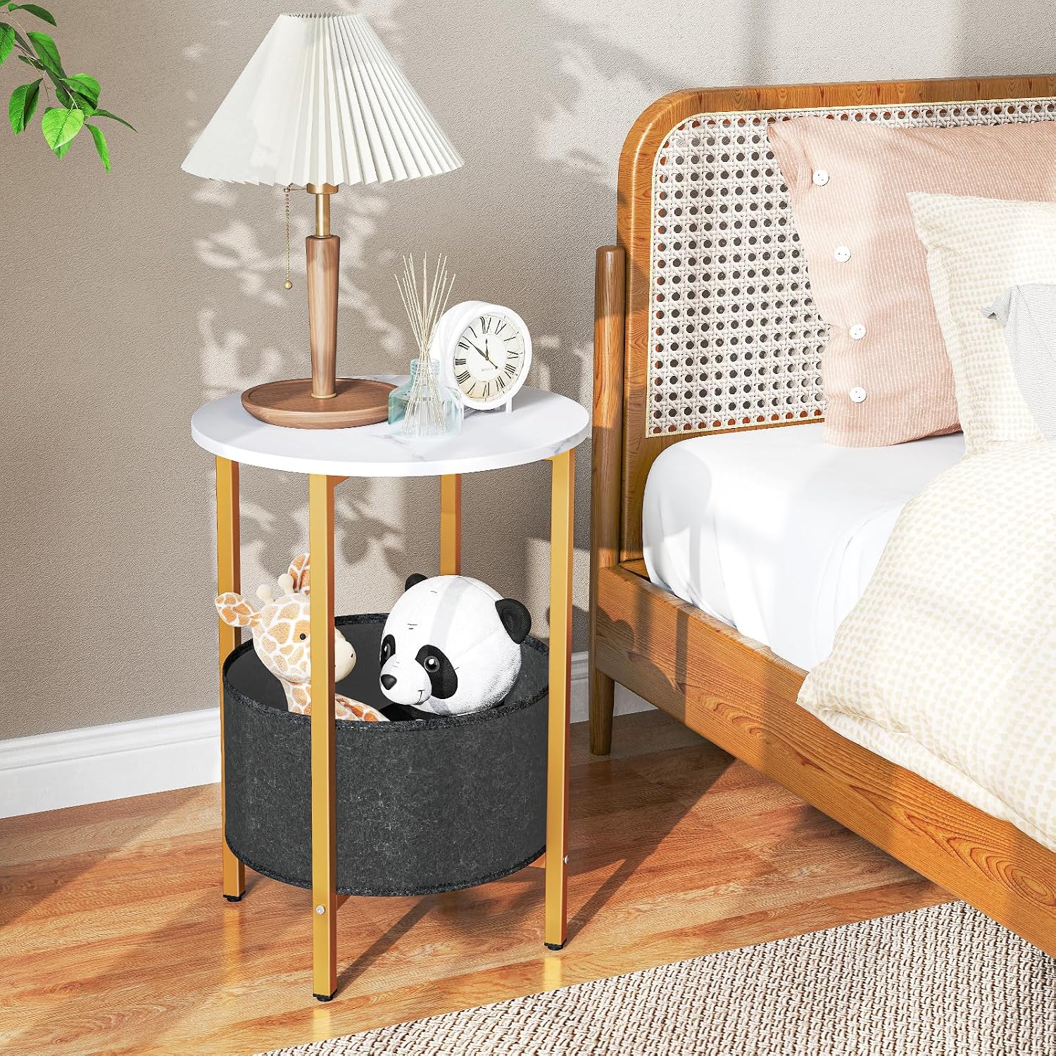 Giantex Round End Table, Small Side Table with Removable Fabric Basket, Modern Bedside Table with Metal Frame, Sofa Couch Accent Table for Small Space Living Room, Nightstand for Bedroom, White