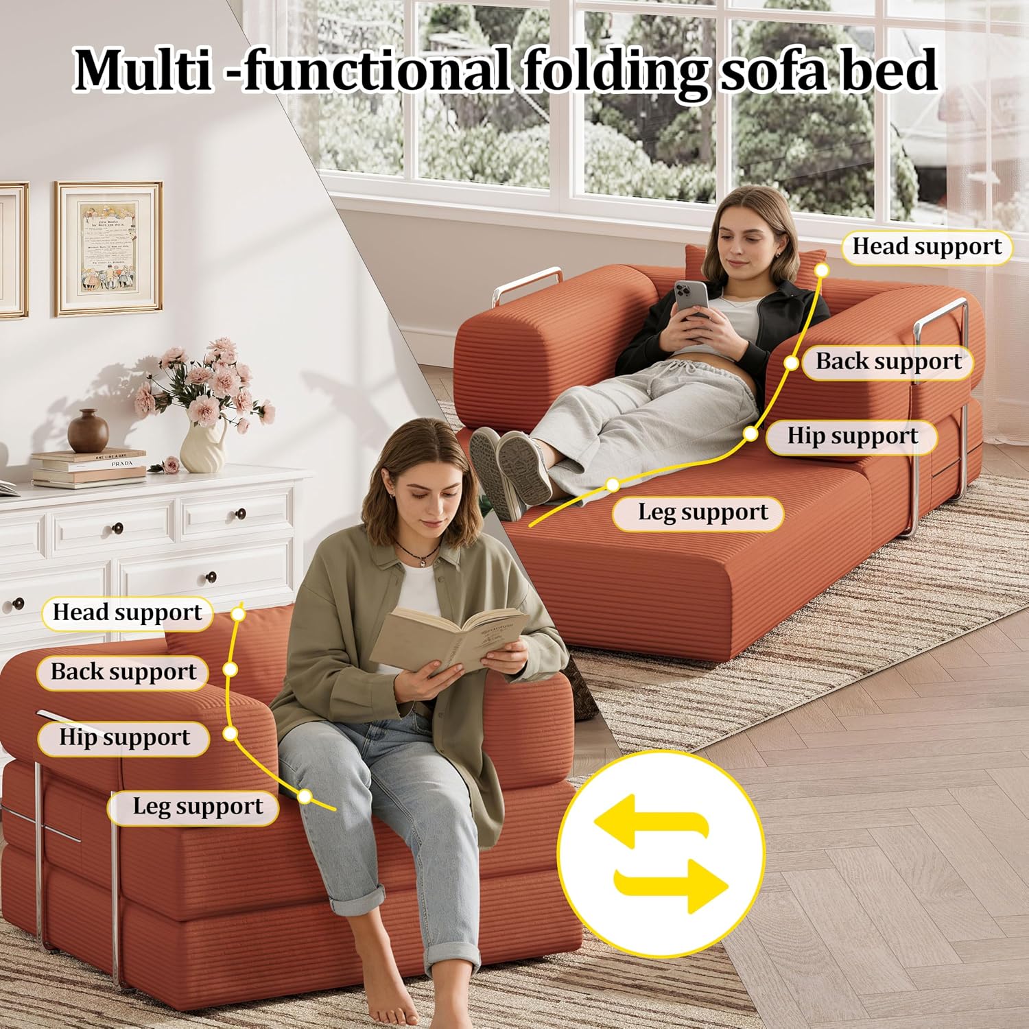 Single Couch Sofa for Small Spaces, 2-in-1 Single Sofa with Soft Corduroy Foldable Chair Lounger Sleeper Sofas for Small Apartment, Living Room, Home Office (Orange, 35.43" Single Sofa)