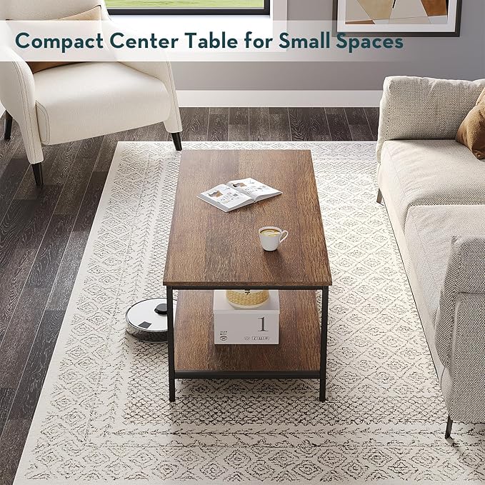 SAYGOER Coffee Table with Storage 2-Tier Industrial Center Table for Living Room, Rectangle Wood Table for Small Spaces Apartment Home Office, Walnut