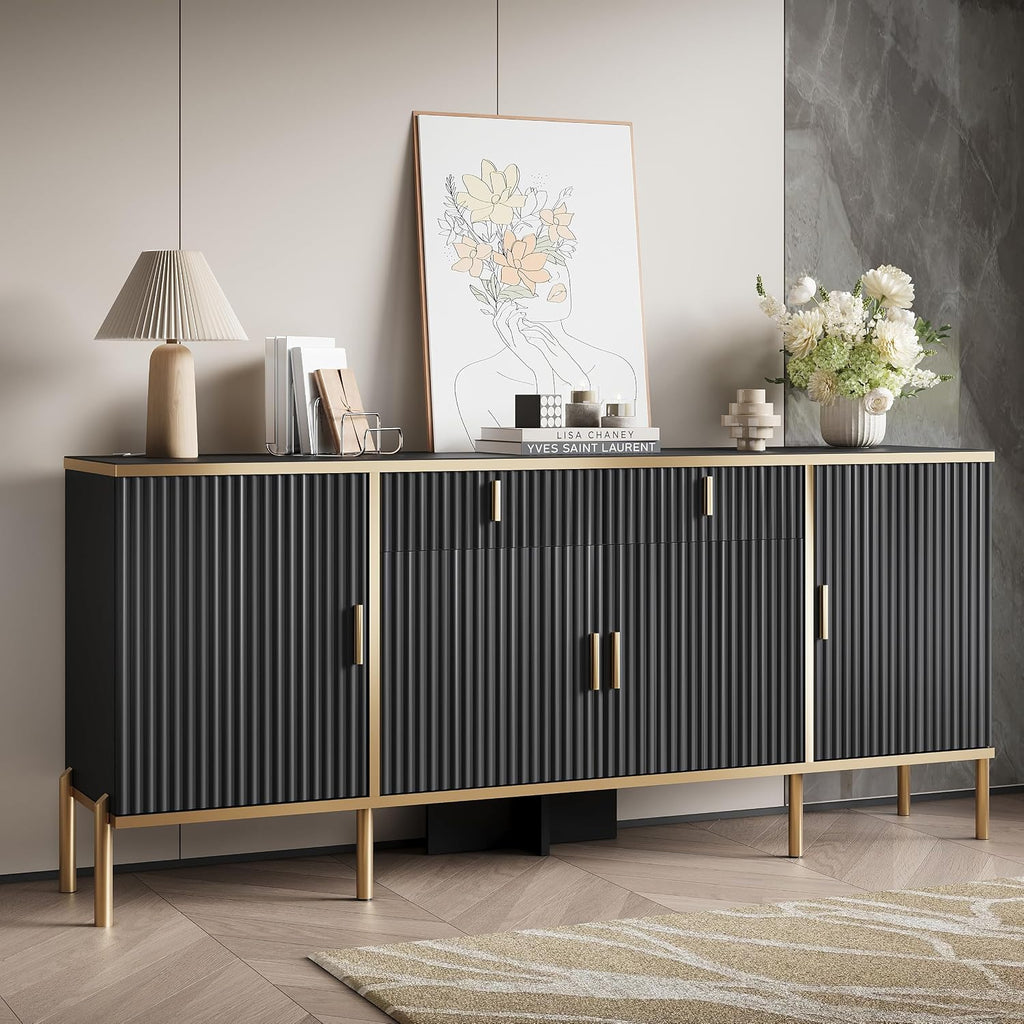 oneinmil 60” Modern Sideboard Buffet Cabinet, Fluted Storage Sideboard with Adjustable Shelves & Pop-Up Doors, Multifunctional Accent Cabinet for Kitchen, Living Room, Hallway, Black and Gold