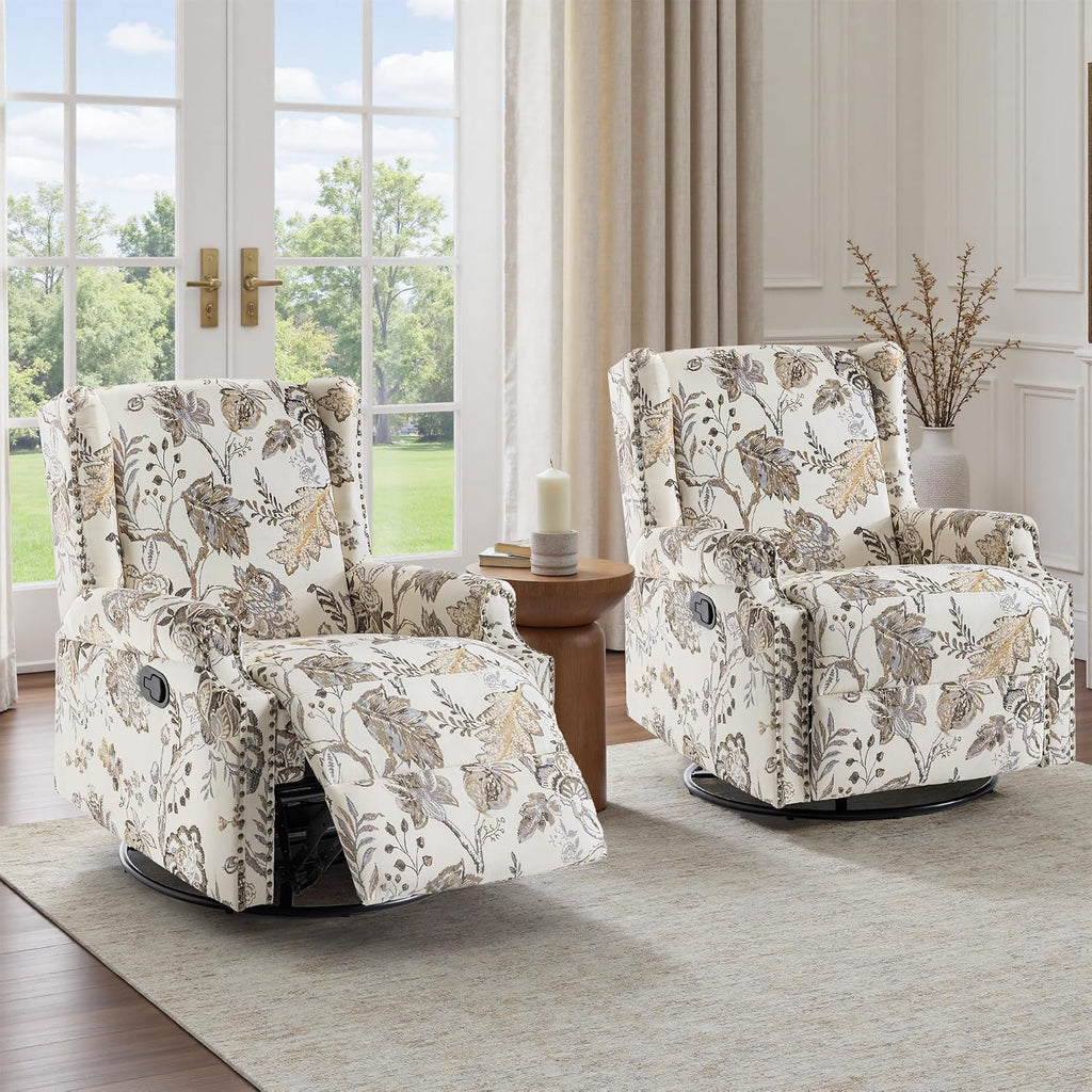 Swivel Glider Floral Recliner Chairs Set of 2, High Back Swivel Rocker Fabric Accent Chair for Living Room, Rivet Trim Upholstered Armchair Manual Sofa Seating - Beige Plants