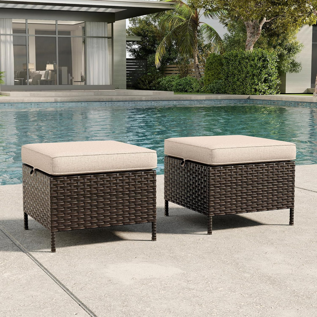 2 Pieces Patio All-Weather Wicker Ottomans with Cushions, PE Rattan Outdoor Conversation Furniture Set for Backyard, Deck, Lawn (Beige)