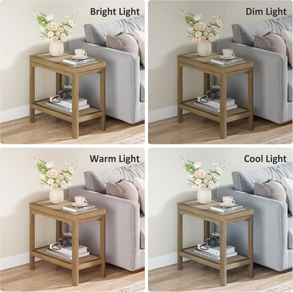 Eclatara Night Stand Set of 2, Farmhouse End Table with 2 Tier Boho Rattan Shelves, Side Tables with Round Edge Design, Ultra-Thick Legs Bedside Nightstand for Bedroom, Caramel Oak