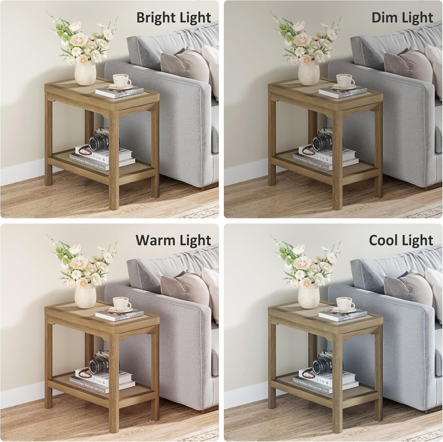 Eclatara Night Stand Set of 2, Farmhouse End Table with 2 Tier Boho Rattan Shelves, Side Tables with Round Edge Design, Ultra-Thick Legs Bedside Nightstand for Bedroom, Caramel Oak