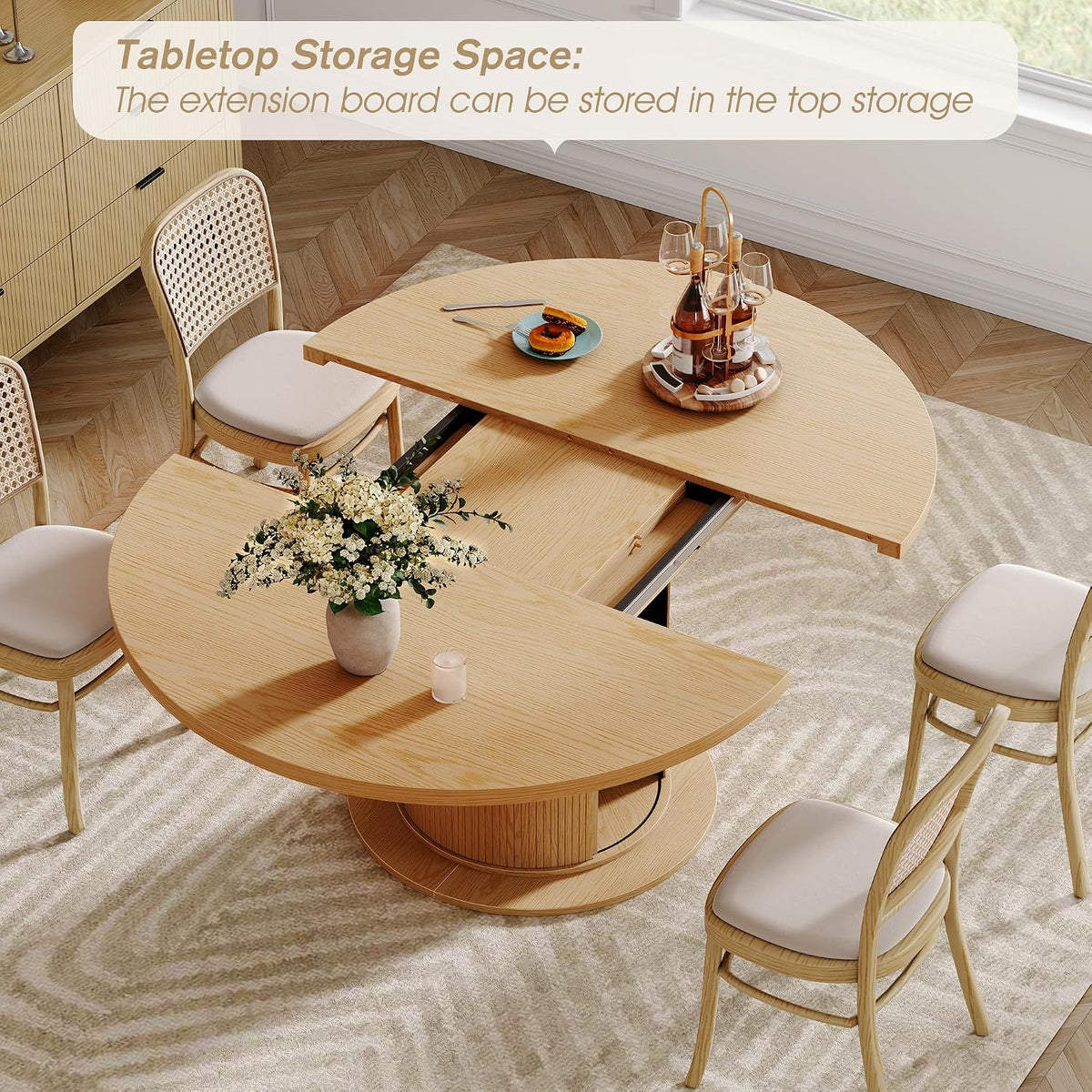 Alohappy Dining Table for 4-6, 47in-63in Extendable Round Dining Room Table with Storage, Mid Century Modern Farmhouse Wood Oval Dinner Table with Pedestal Base for Kitchen, Living Room (Natural Oak)