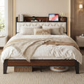 ANCTOR Queen Bed Frame with Headboard & Charging Station,Wood and Cream