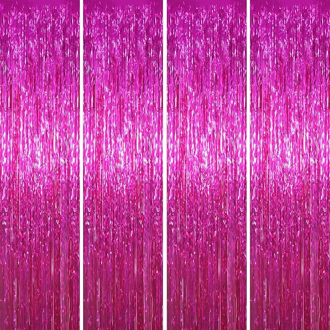 4 Pack Pink Foil Fringe Backdrop Curtains, Tinsel Streamers Birthday Party Decorations, Fringe Backdrop for Graduation, Baby Shower, Gender Reveal, Disco Party