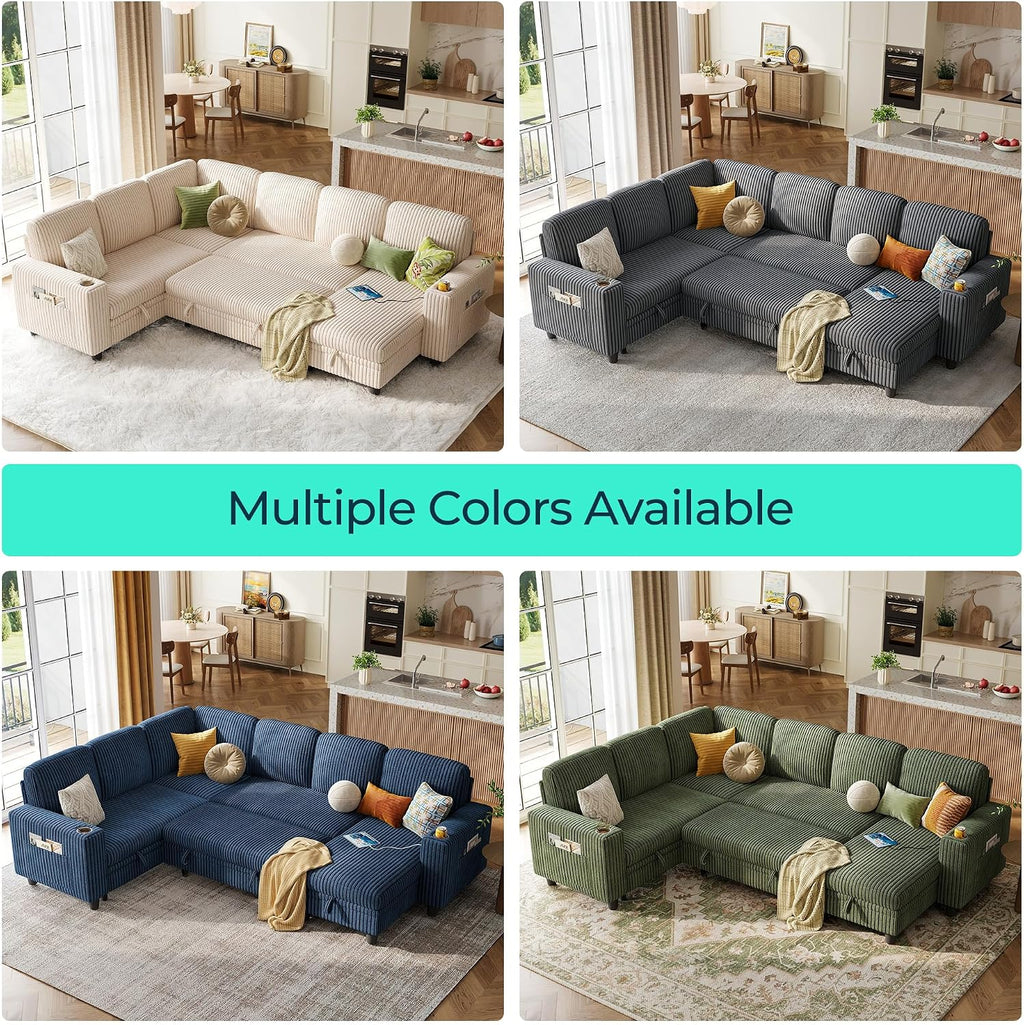 LINSY HOME Sectional Couches for Living Room, 81" U Shape 6 Seats, Beige | Sleeper sofa with pull out couch bed, corduroy couch with storage