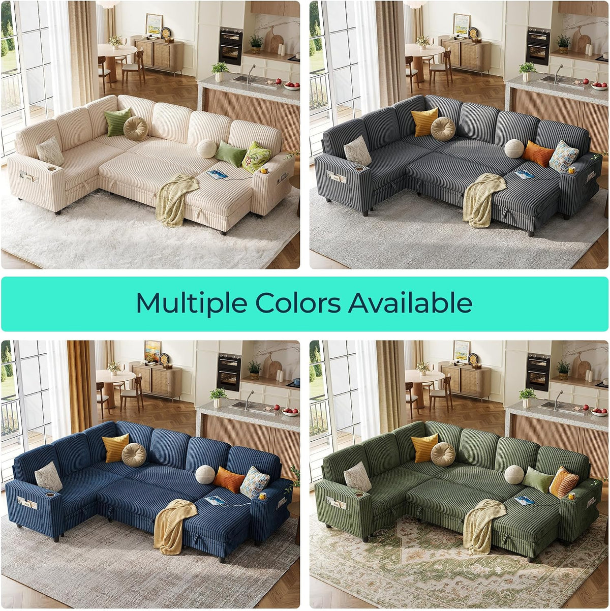 LINSY HOME Sectional Couches for Living Room, 81" U Shape 6 Seats, Beige | Sleeper sofa with pull out couch bed, corduroy couch with storage
