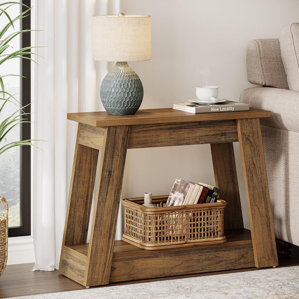 Tribesigns Wood End Table, Small Side Table with 2 Storage Shelves, Rustic Accent Narrow Nightstand for Living Room, Bedroom (1, Rustic Brown)