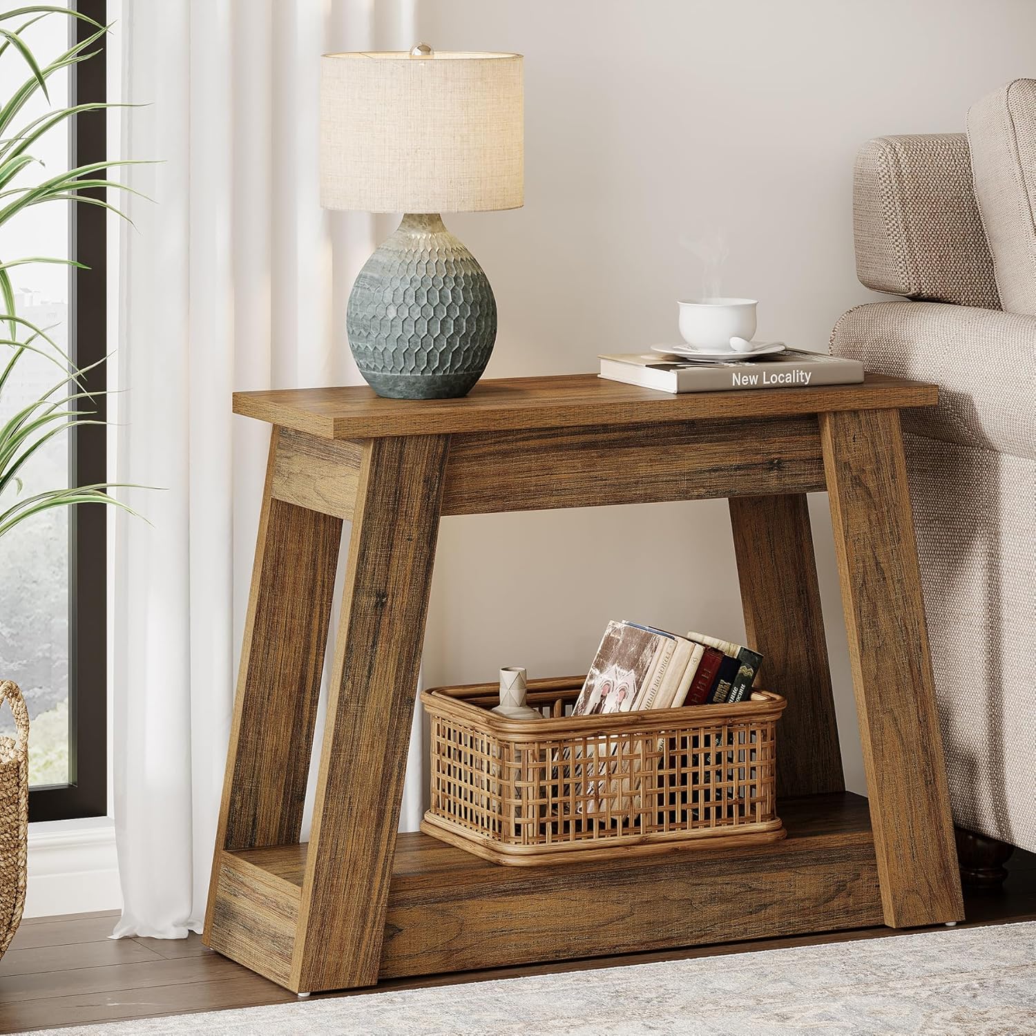 Tribesigns Wood End Table, Small Side Table with 2 Storage Shelves, Rustic Accent Narrow Nightstand for Living Room, Bedroom (1, Rustic Brown)