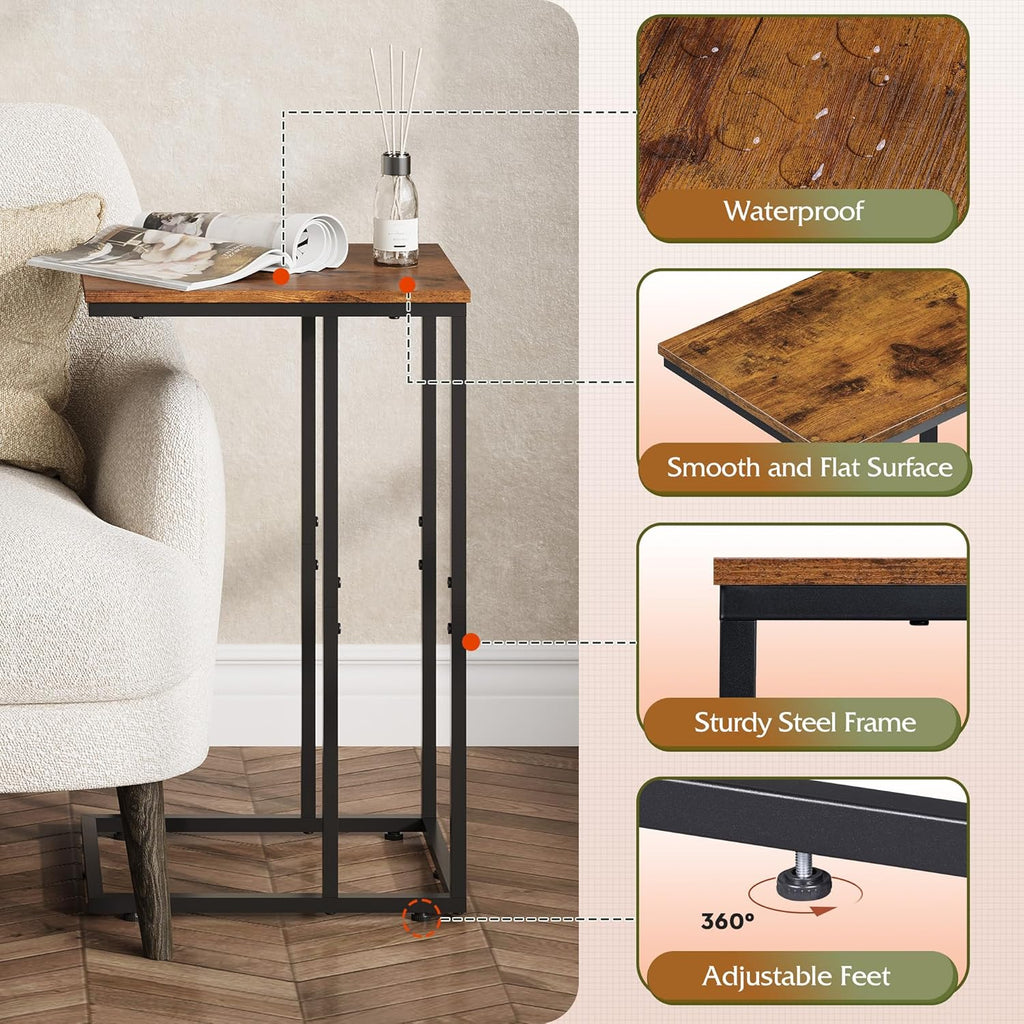 WLIVE C Shaped End Table, Small Side Table for Couch, Sofa, TV Tray C Table for Living Room, Bedroom, Home Office, Small Spaces, Rustic Brown