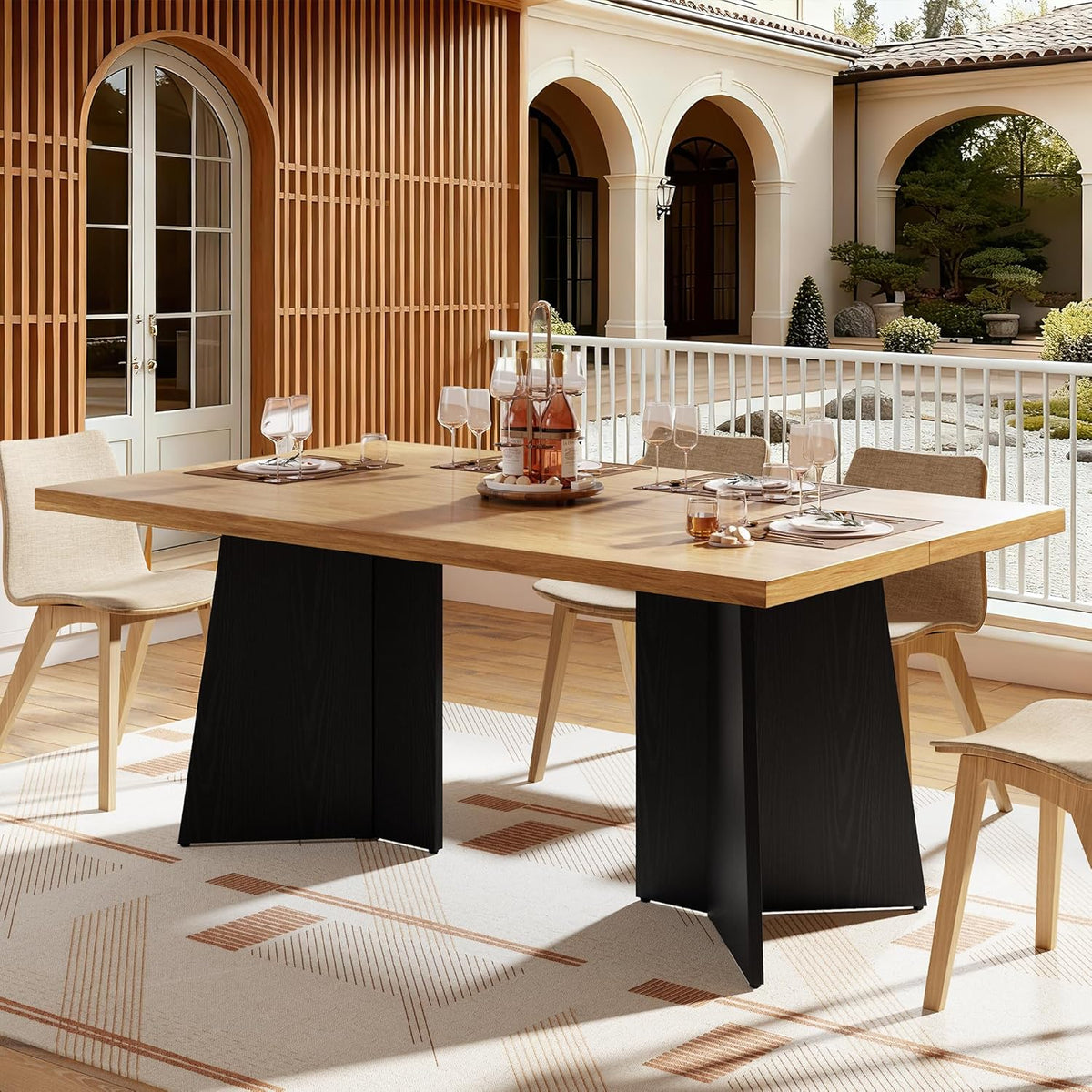 GarveeHome Dining Table for 6-8 People - 63" Modern Long Kitchen Table with Large Tabletop & Heavy Duty Pedestal Legs, Dinner Table for Kitchen, Conference Room, Home, Natural & Black