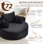 Oversized Round Chaise Longue Chair Indoor, Modern 55-inch Upholstered Corduroy Deep Seat Circle Single Cloud Lounge Floor Sofa Chair for Living Room, Bedroom Apartment, Black