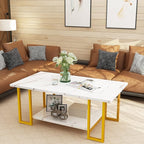 AWQM Marble Coffee Table, Faux Marble Top Rectangular Coffee Table with Gold Metal Frame, 2 Tier Living Room Table for Living Room, Office, Balcony, 40 Inch, White and Gold