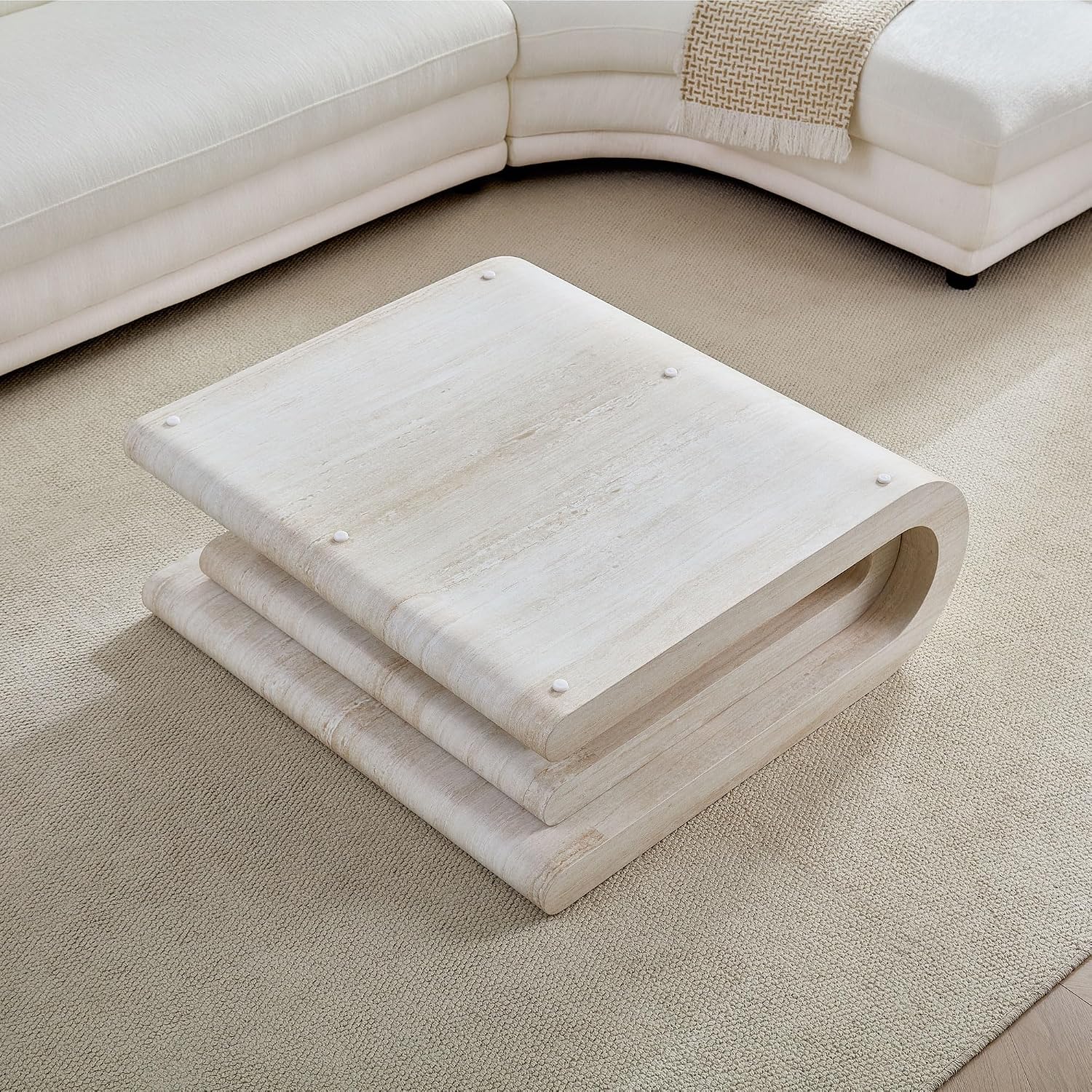 33.89" Square Faux Travertine Pattern Coffee Table for Living Room,MDF Modern Design Irregular Table with Layered Base for Office,Apartment,No Need Assembly,Beige