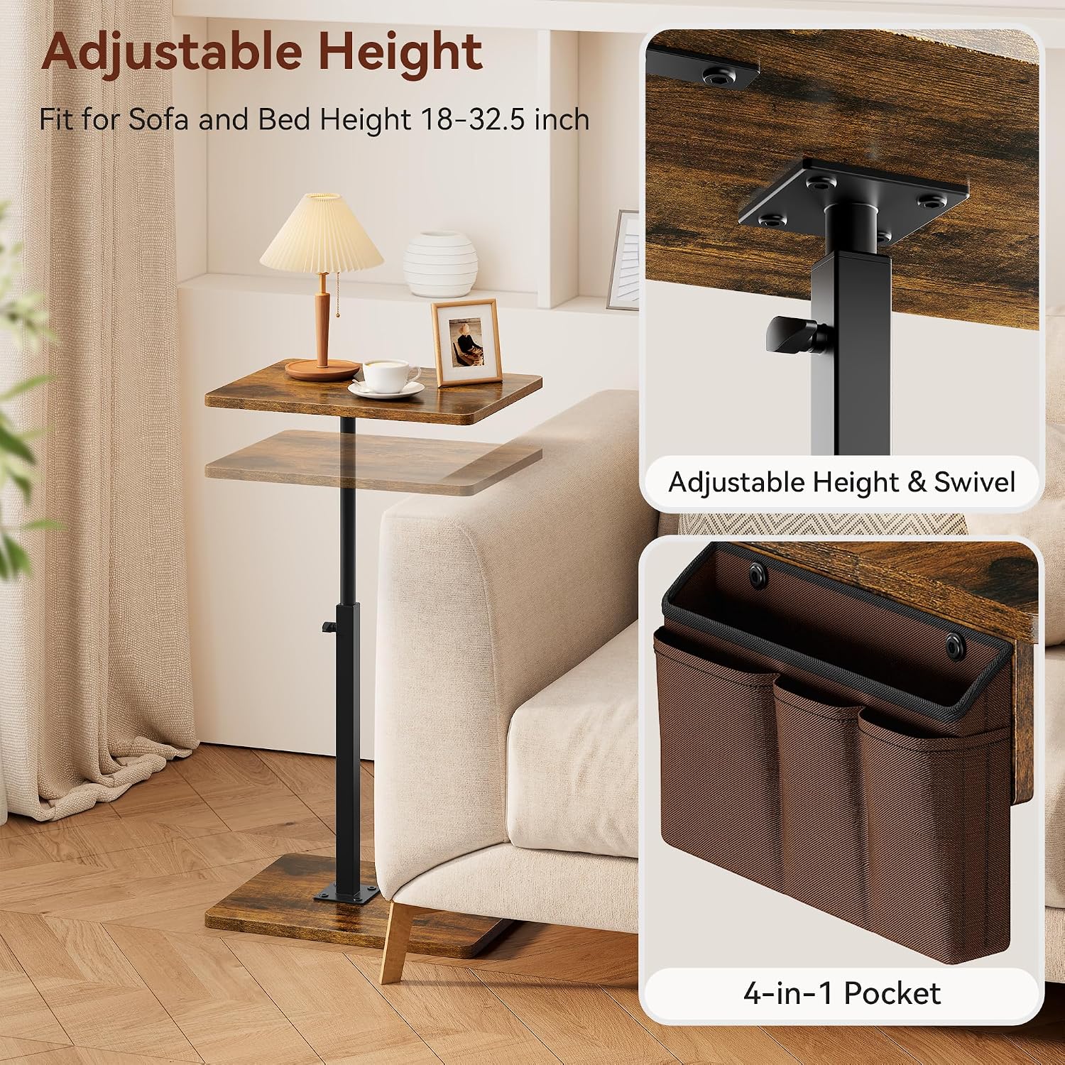 Vagusicc Sofa Armrest Tray Table for Couch, 360° Swivel Height Adjustable TV Tray Table for Small Spaces, Snack Side Table for Couch, Bed, Chair, C Shaped End Side Table for Eating, Reading, Laptop