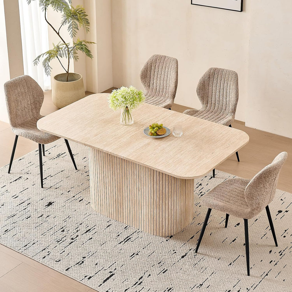 63" Large Dining Table for 4 6, [Rounded Corners] [Grooved Pedestal Base] Modern Rectangle Kitchen Dinner Dining Living Room Table