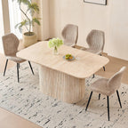 63" Large Dining Table for 4 6, [Rounded Corners] [Grooved Pedestal Base] Modern Rectangle Kitchen Dinner Dining Living Room Table