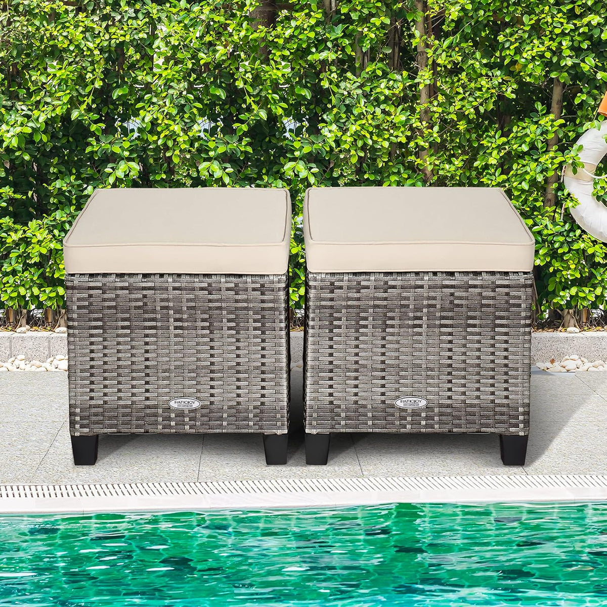 ORALNER Set of 2 Outdoor Ottoman, 16” Wicker Foot Stools, All-Weather Rattan Cube Footstool w/Removable Cushions, Square Footrest Extra Seating for Patio, Porch, Deck, Easy Assembly (Beige)