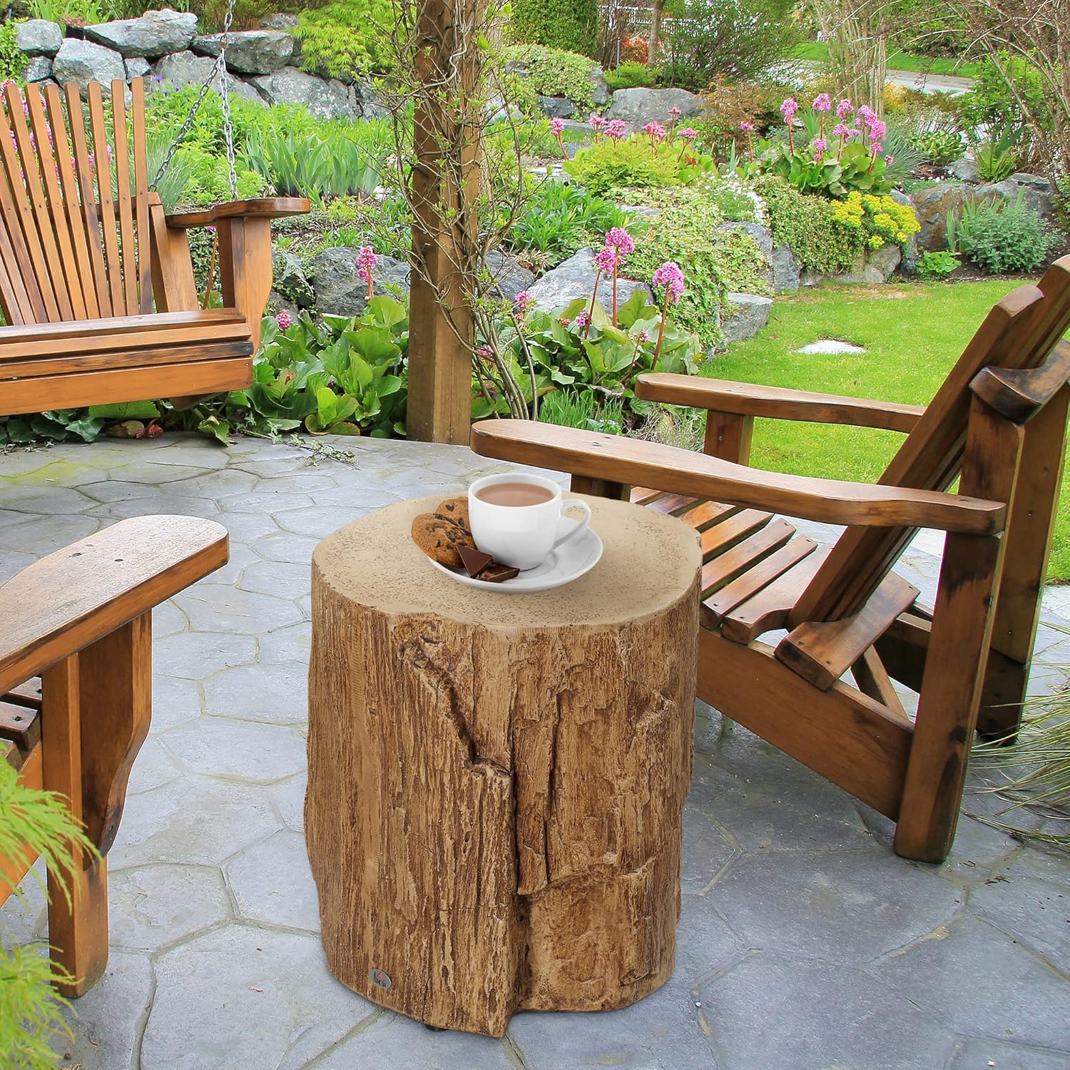 Tree Stump Stool, Decorative Side Table with Round Tabletop, Concrete End Table with Wood Grain Finish, for Indoors and Outdoors, Natural