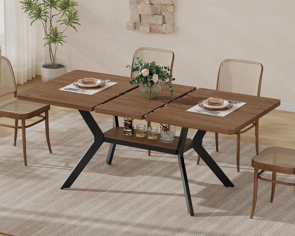 MECHYIN 55"-71" Extendable Dining Table for 4-8 with Built-in Flip Leaf | Kitchen Table, Space Saving Modern Design with Storage Shelf & Sturdy Metal Legs for Kitchen,Living Room & Small Apartments