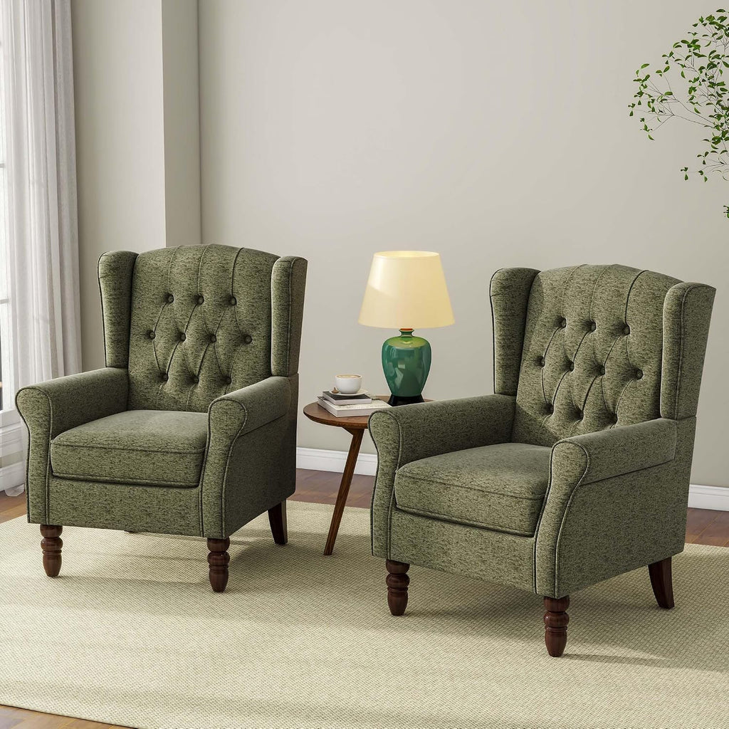 Accent Chair, Upholstered Armchair with Button Tufted High Back & Solid Wood Legs, Comfy Wingback Reading Single Sofa Chair for Small Spaces, Living Room, Bedroom