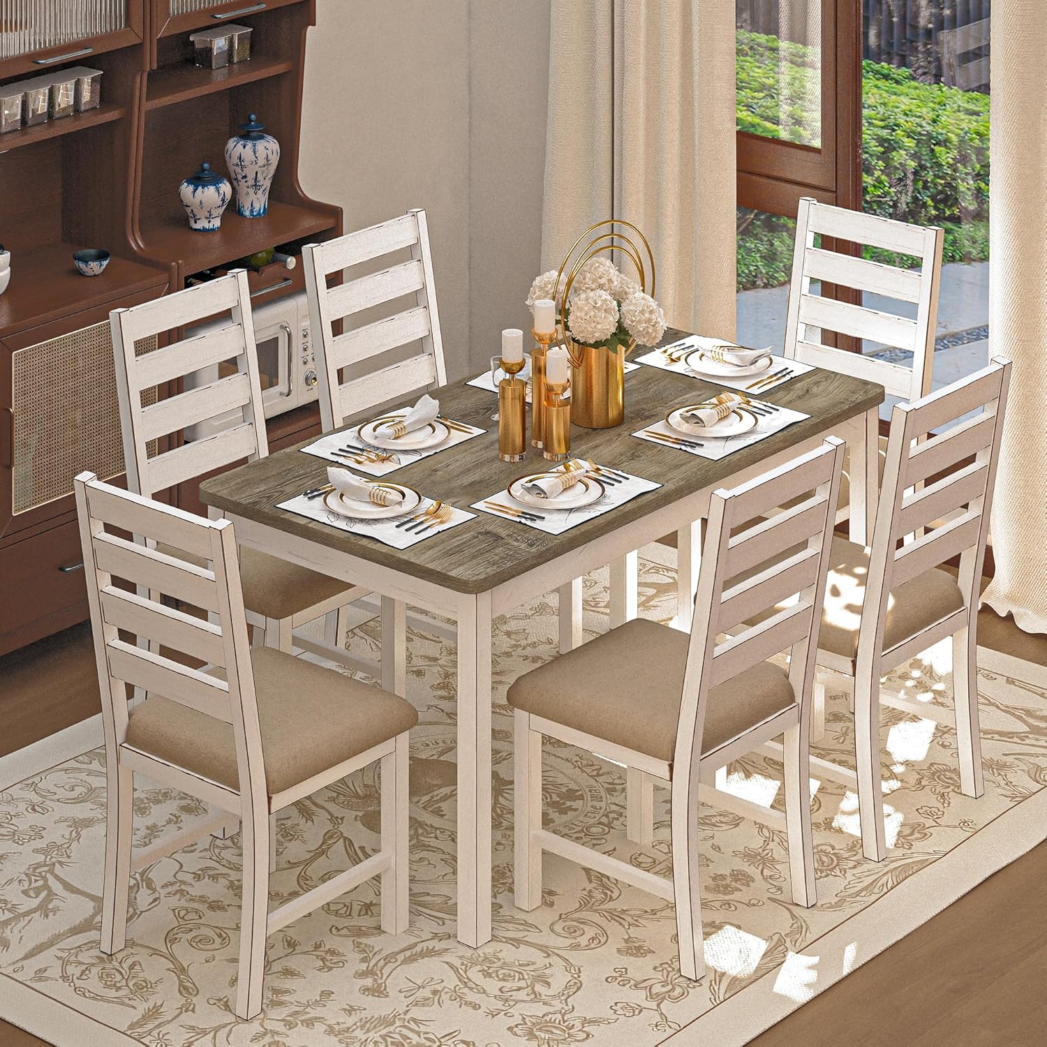 59" Dining Table Set Farmhouse Rectangular White Kitchen Room Table & Chairs Set Solid Wood Stable Space Saving Easy Clean (1 Bench& 4 Chairs)